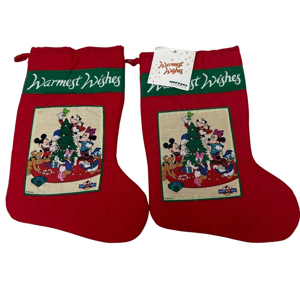 Vintage Disney Mickey & Friends Christmas Stockings Set of 2 Mervyns Red 13in